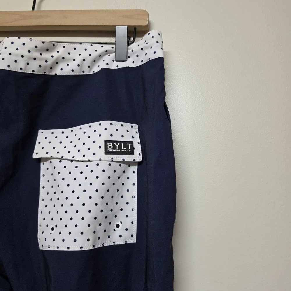 BYLT Coastal Board Shorts Men's L Large Navy Blue Polka Dot Bathing Suit Stretch